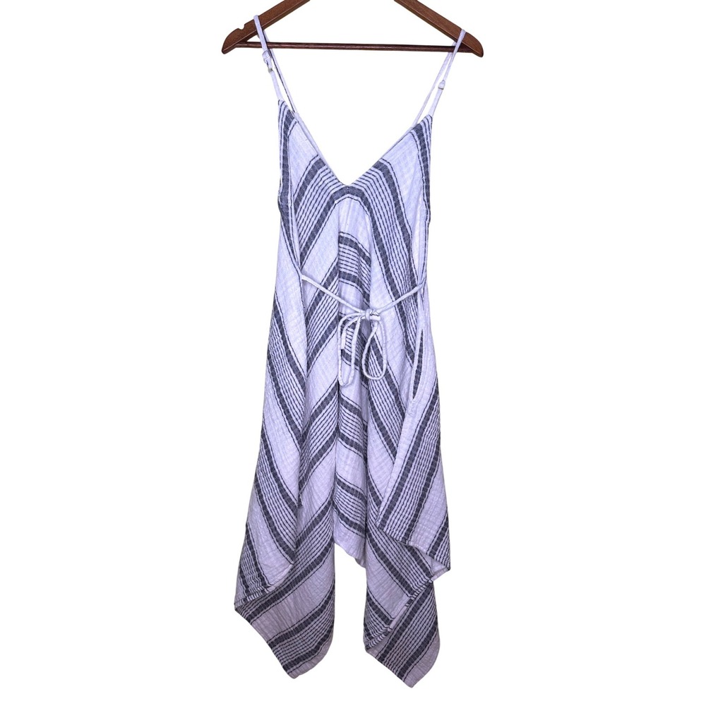 World Market Striped Gauze Handkerchief Hem Jumpsuit White Navy Blue S/M